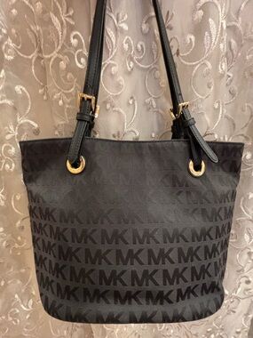 Michael Kors Black MK Logo Tote with Gold Hardware
